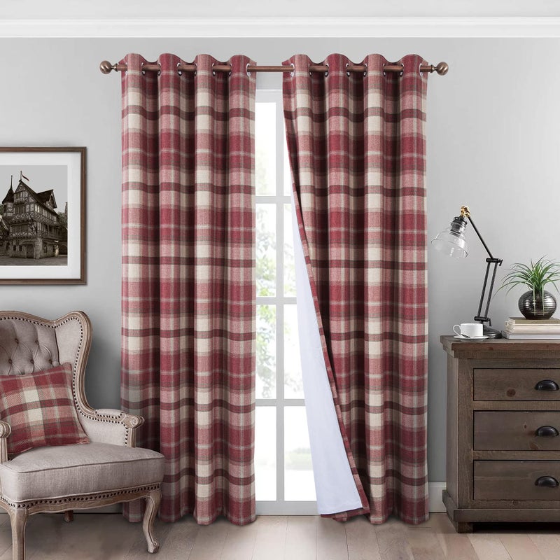 always4u Plaid Curtains 100% Blackout Thermal Drapes for Bedroom Check Woolen Look Farmhouse Living Room Curtains 2 Panels 45 * 84 Classic Red - Image 1